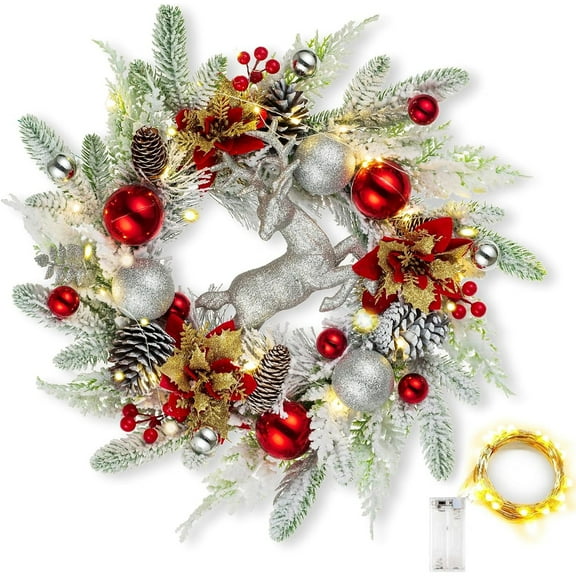 Blosmon Artificial Christmas Wreath 20" Christmas Wreaths for Front Door with Lights Pine Cones Silver White Frosted Branches Berry Clusters Indoor Outdoor Wreaths for Winter Decorations