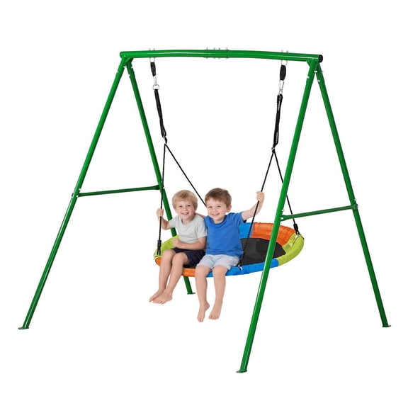 Heavy Duty 40 Inch Saucer Swing Set with A Frame Metal Stand 440 lbs Capacity Reinforced Spiral Ground Anchors Outdoor Backyard Swingset for Kids Green Colorful