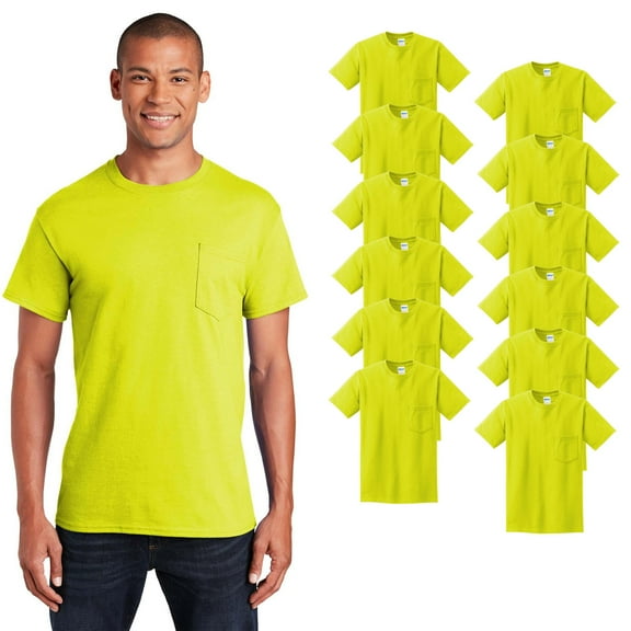Gildan Ultra Cotton Hi Vis Pocket T-Shirt, Men’s Safety Green Short Sleeve Work Tee, S-5XL, 12-Pack