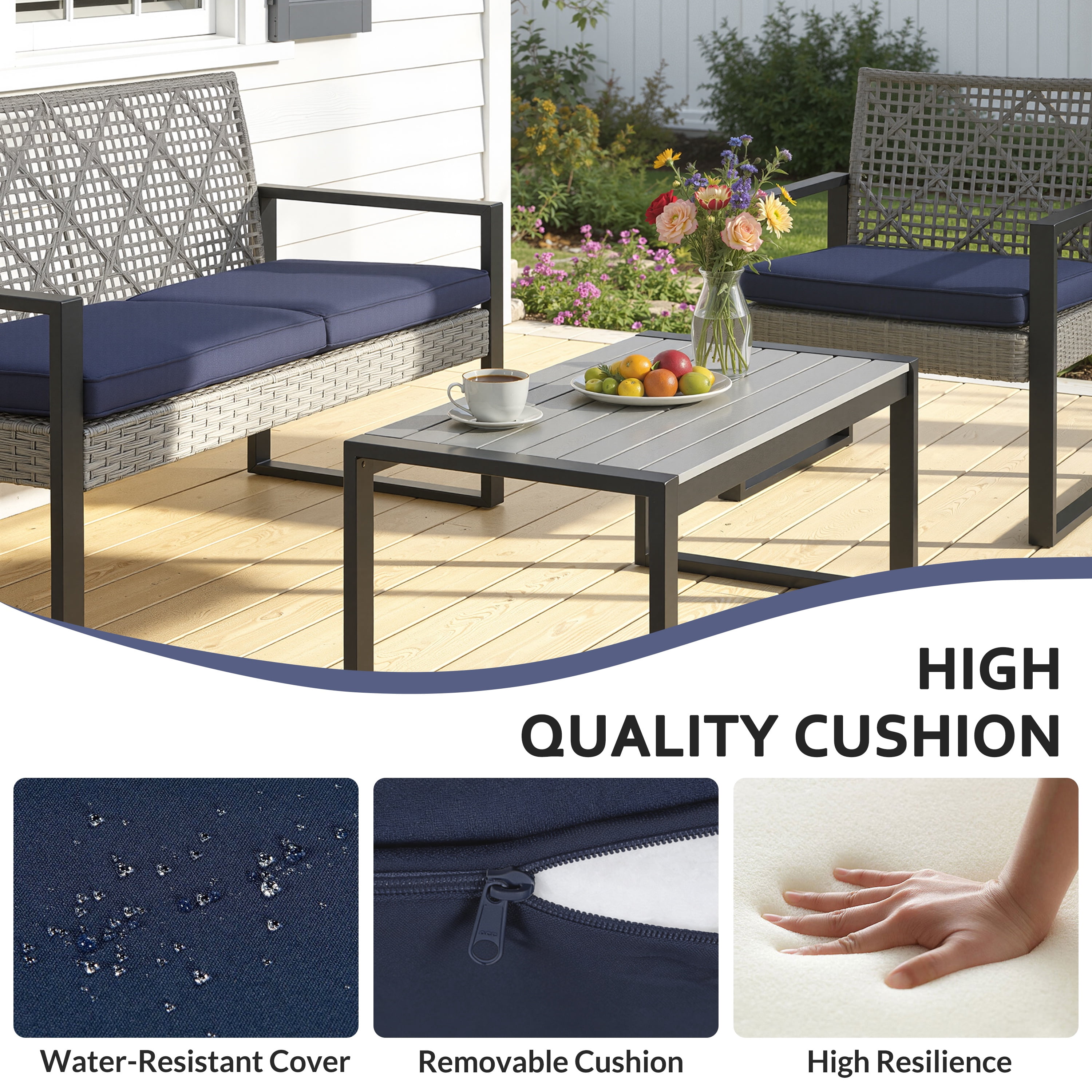 Segmart 4-Piece Outdoor Patio Furniture Set, Patio Conversation Set with Coffee Table, All-Weather PE Rattan Deep Seating Sofa Set with Cushions for Porch, Backyard, Balcony
