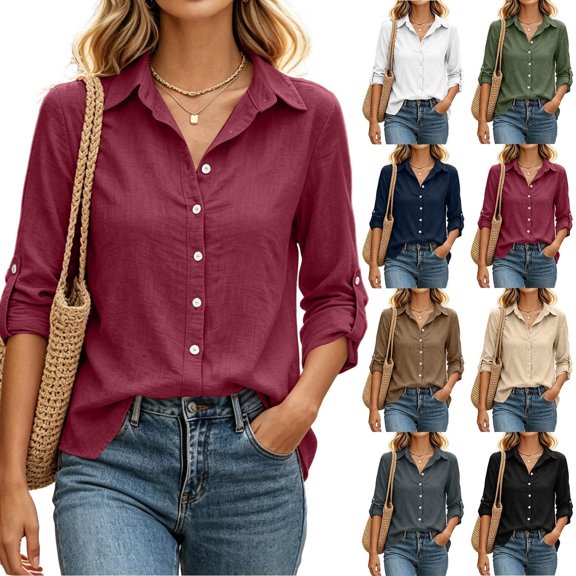 CBASIHI Womens Cotton Linen Button Down Shirts- Loose Fit Casual Lightweight Long Sleeve Collared Fall Tops Wine Size S-2XL