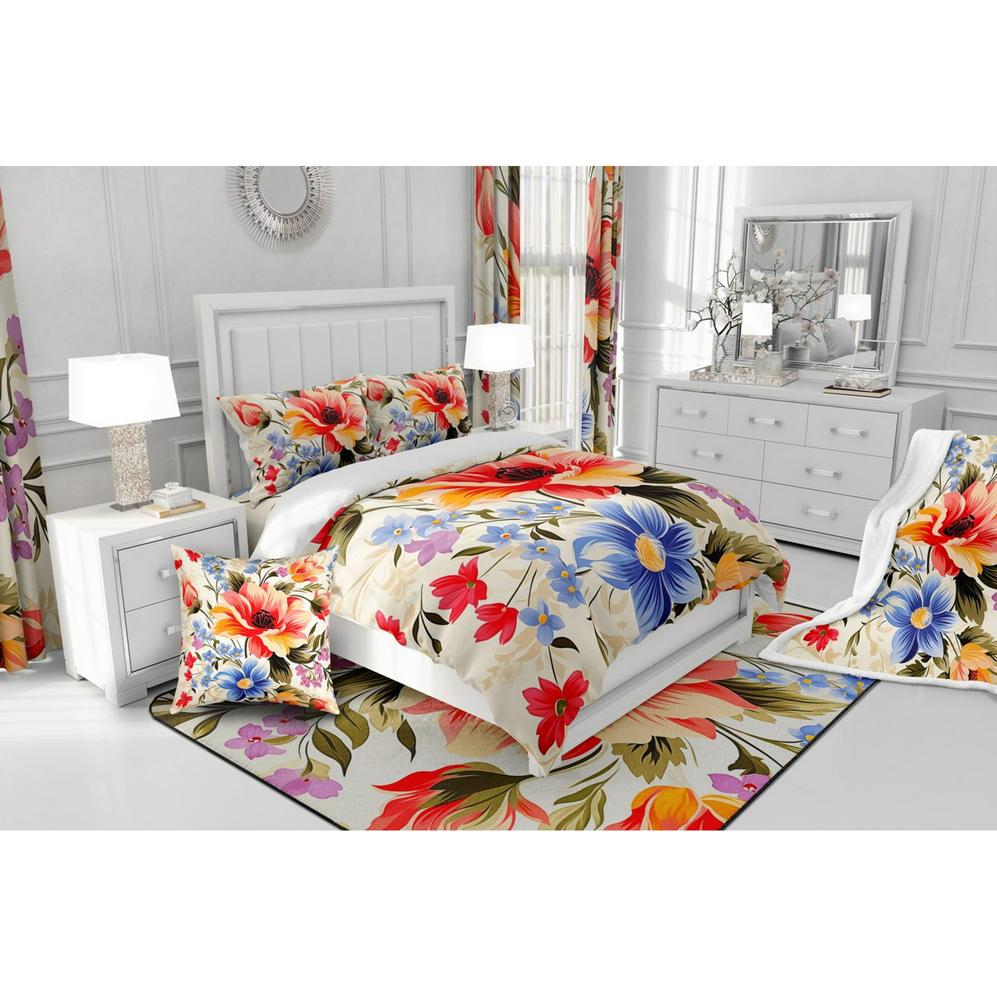 YST Chic Flowers Twin Quilt Set Blue Red Florals Coverlet Set Plant Themed Bedding Set Girls Women Bedspread Set Retro Blossoms Bedspread Coverlet Sets Room Decrative Lightweight 2 Piece Walmart