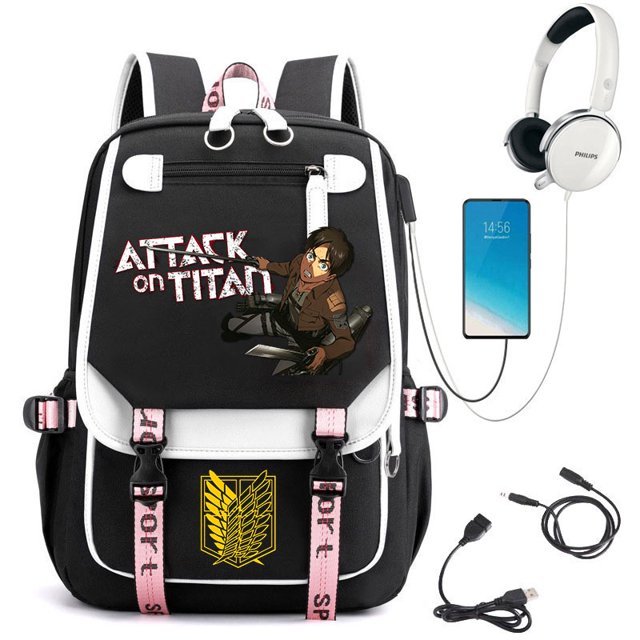 Mochila Anime Attack on Titan Para Mujeres De Estudiante Bolsa De Viaje Escolar Ordenador Portátil Para Hombres (Interfaz USB E Auricular)