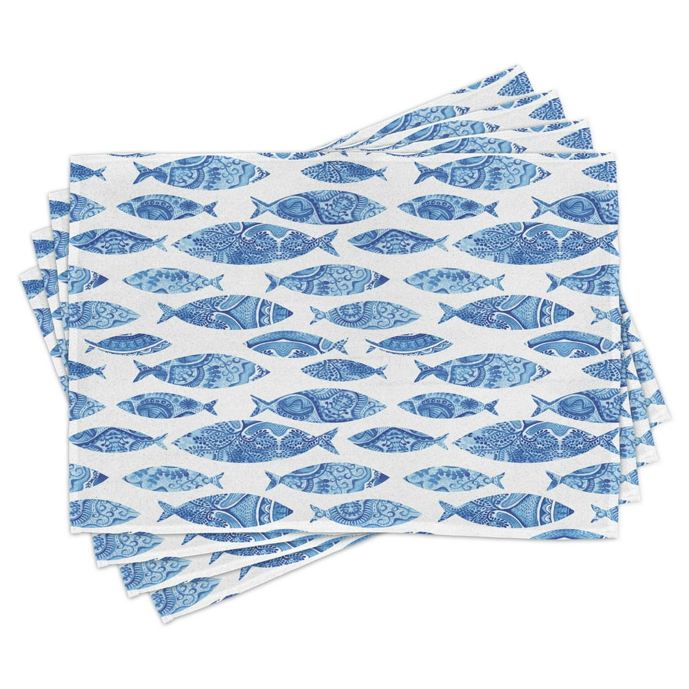 Blue Placemats Set of 4 Fish Sea Animal Figures with Ancient Ottoman