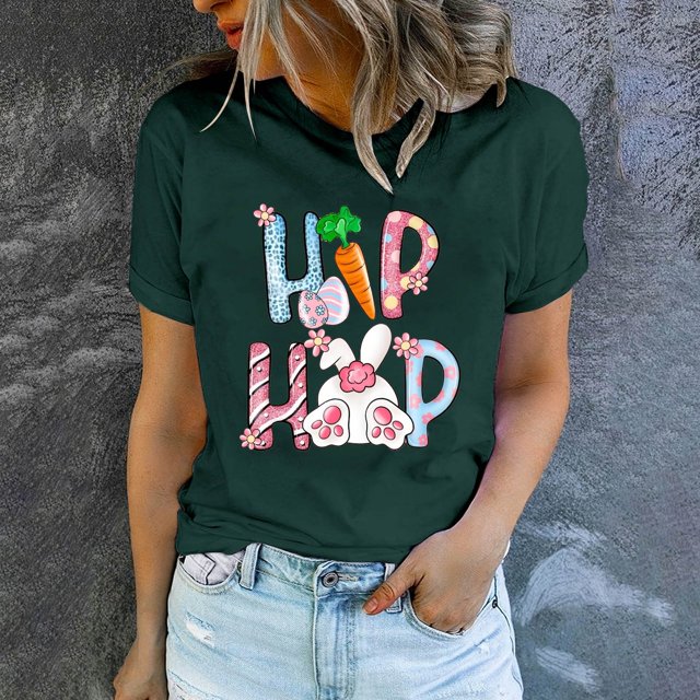 EGNMCR Chemises de Pâques pour Femmes Chemises pour Femmes Imprimé de Pâques T-shirt Col Rond Mode Confortable Haut Manches Courtes Col Rond T-Shirts pour Femmes