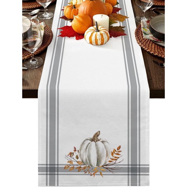 Fall Table Runners 120 Inch Thanksgiving Decorations White Pumpkin Leaf Branch Runners for Dining Tables Gray Stripes Autumn Dinner Runner Kitchen Parties Decor