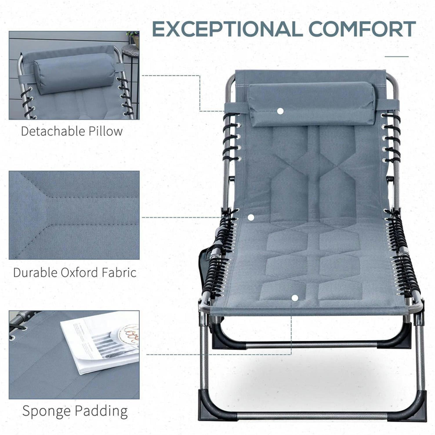 Demi Bonn Outdoor Padded Reclining Chaise Lounge, 6-Level Folding Beach Relaxation Chair with Headrest for Patio Pool Sunbathing, Gray