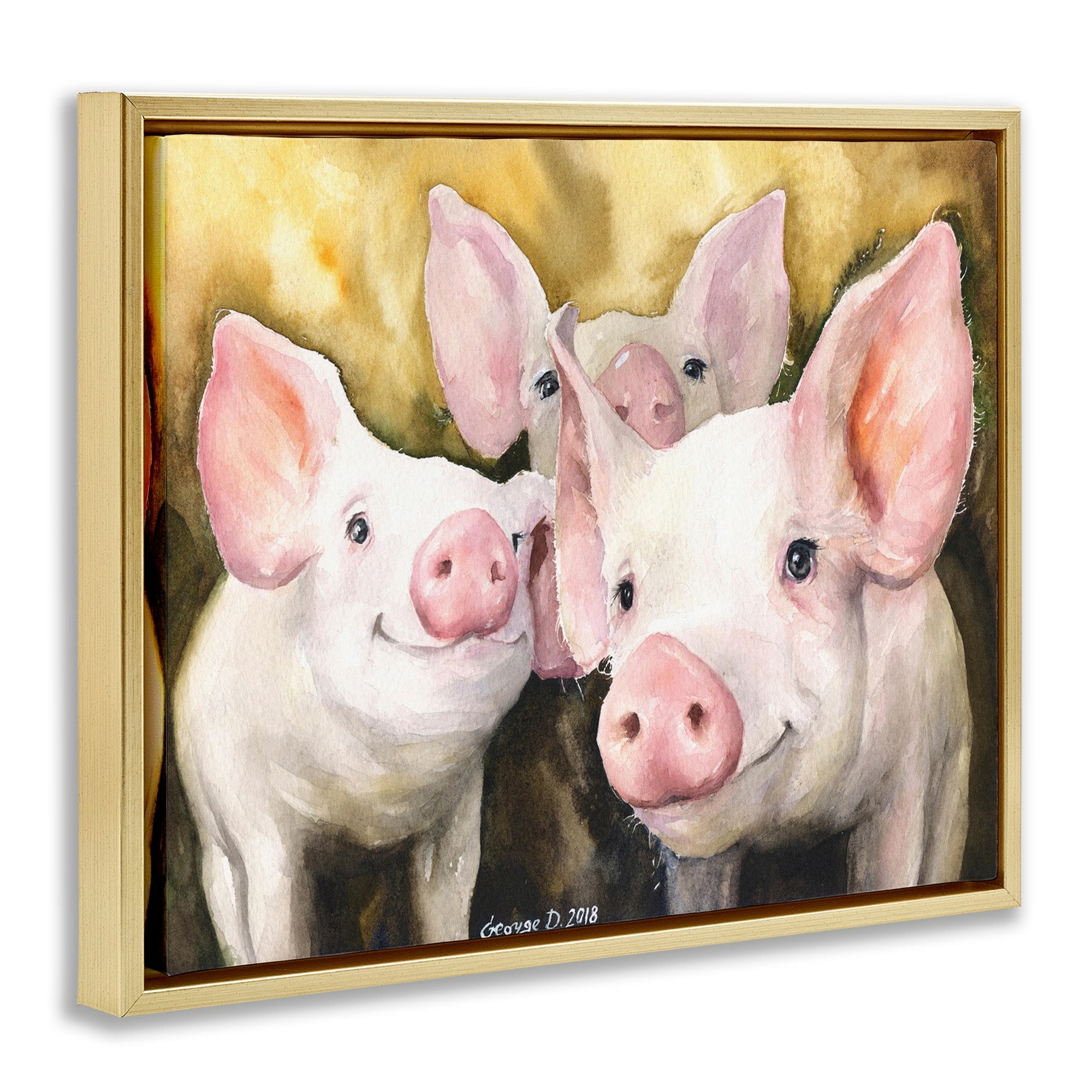 Stupell Industries Baby Pigs Animal Yellow Watercolor Painting Metallic Gold Framed Floating Canvas Wall Art, 16x20, by George Dyachenko