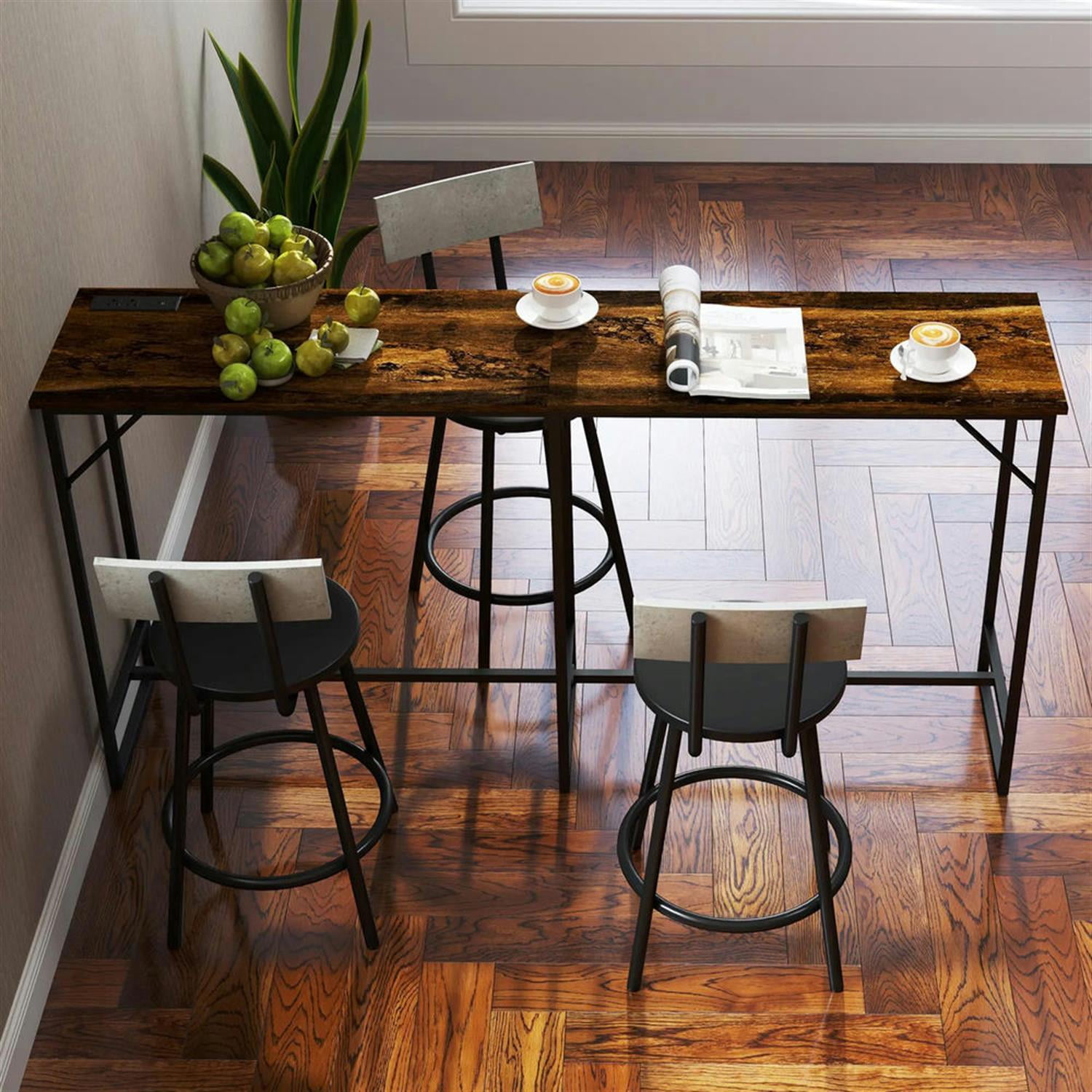 Demi Bonn 70" Industrial Bar Tables with Charging Station, Steel Rectangular Bar Height Pub Table for 4 to 6 People for Dining Room, Home Office, Brown