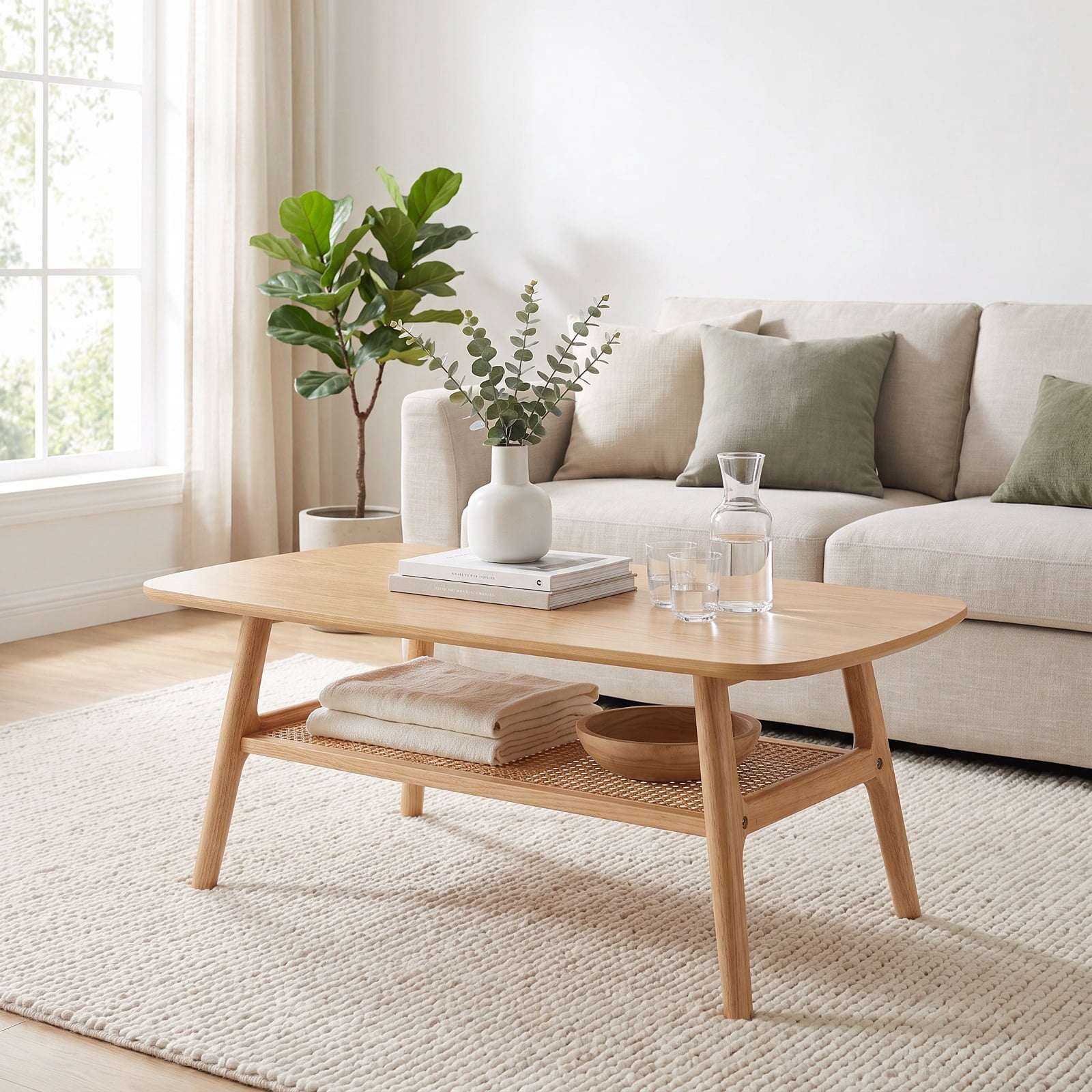 Furnibear 2 Tier Boho Rattan Coffee Table with Rounded Corners Rubber Wood Frame and Woven Open Shelf for Living Room, Natural