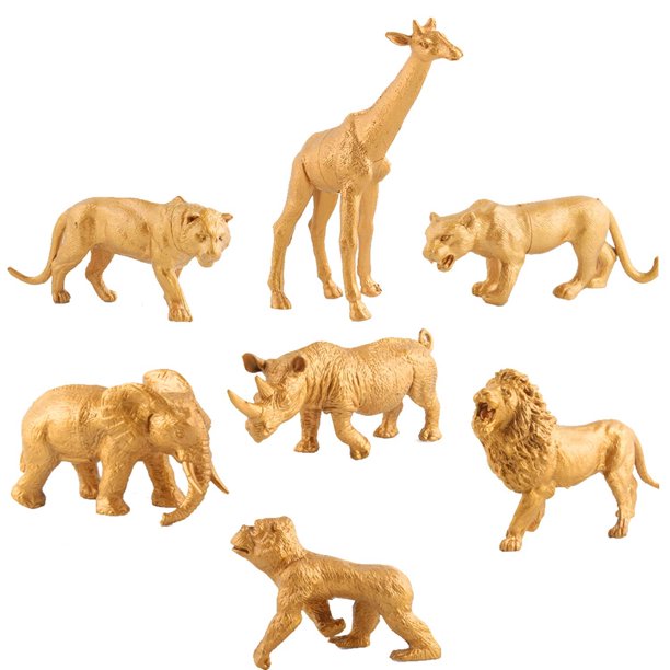 Metallic Gold Plastic Animal Figurines Toys, 7PCS Jumbo Safari Zoo