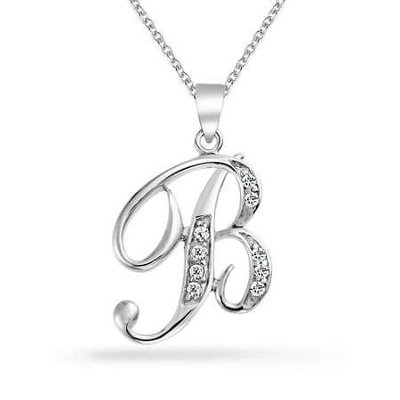 Initial 925 Silver Jewelry Pendant - 925 Silver CZ Cursive Initial Letter B Alphabet Necklace