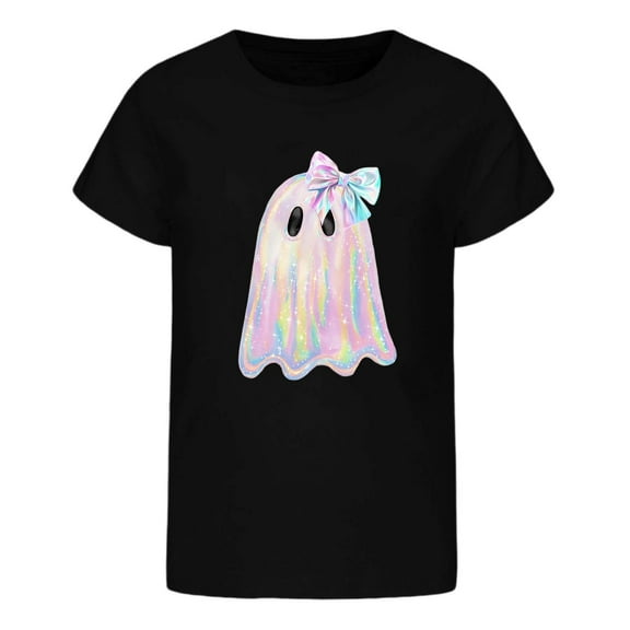 Bainana Child Girls Halloween T-Shirts Size 4-5 Years Breathable Ghost Print Short Sleeve Tees Halloween Outings Clothes Black