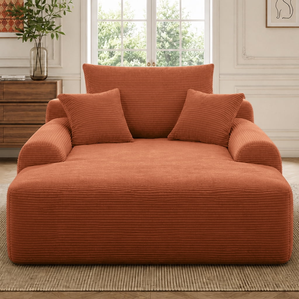 Howcool 65" Oversized Chaise Lounge Chair, Corduroy Boneless Sleeper Sofa Bed with Wide Armrest & Throw Pillows, Deep Seat Lounge Chair for Living Room, Bedroom & Apartment,Orange