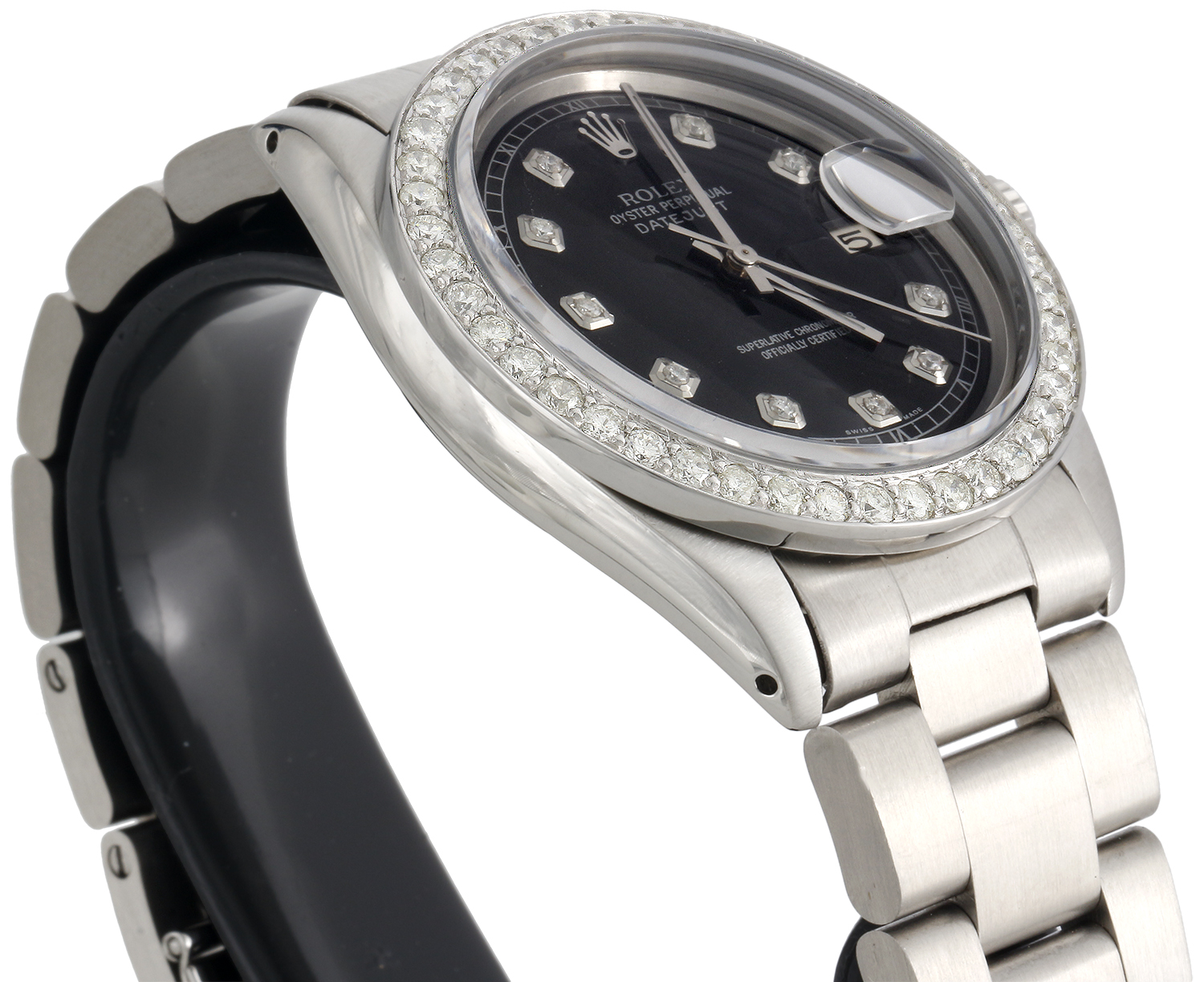 Mens Rolex 36mm DateJust Diamond Watch Oyster Steel Band Custom Black Dial 2 CT. - PreOwned - image 9 of 10