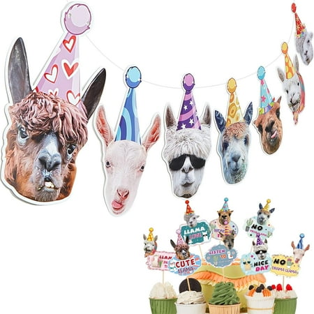 25 Pcs Llama Banner Funny Birthday Decorations Include 1 24 Alpaca Face Cake Cupcake Topper Llama Birthday Decorations Portrait Bunting Cactus Hilarious Mexican Bday Baby Shower Supplies