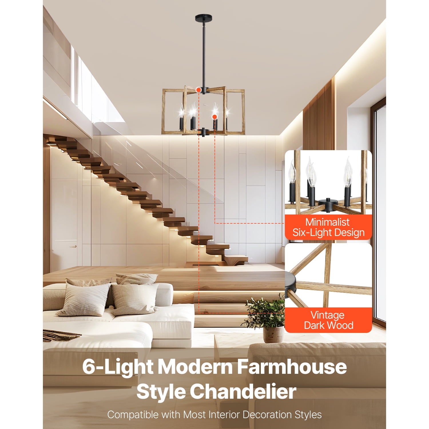 KFFKFF 6-Light Metal Chandelier, Adjustable Farmhouse Ceiling Fixture, Ideal for Dining, Bedroom, Foyer, Kitchen, Living Room, and Entryway