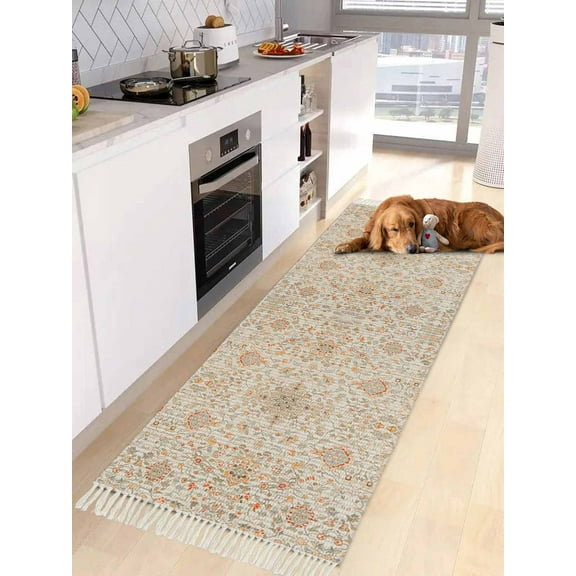 Orange Vintage Boho Entryway Runner Rug 2x4ft,Southwestern Ethnic Mexican Floral Washable Woven Living Room Hallway Bedroom Kitchen Carpet with Tassels,Indoor Outdoor Throw Door Mat for Entryway