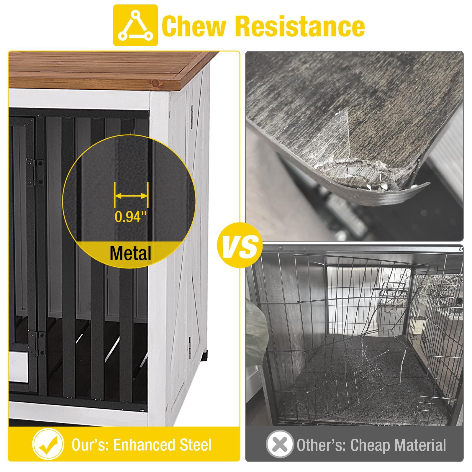 Aivituvin 78.8" Dog Crate Furniture for 2 Dogs, 100% Solid Wood Large Double Dog Crate Furniture for Large Breed with Metal Pipe, Indoor Dog Kennel TV Stand End Table with 360° Rotatable Dog Bowls