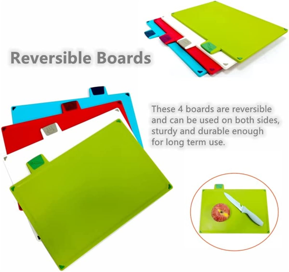 Casdewin Chopping Board Set,Plastic Chopping Boards with Stand,Kitchen Cutting Board,Colour Coded Boards for Chopping,Non Slip,Dishwasher Safe 20x30cm,Set of 4
