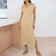 thumbnail image 2 of TaTaai Women's Short Sleeve Midi Dress Solid Color Lapel Collar Casual Dress with Side Slit Lightweight Stretchy Polyester Blend Gift, 2 of 7