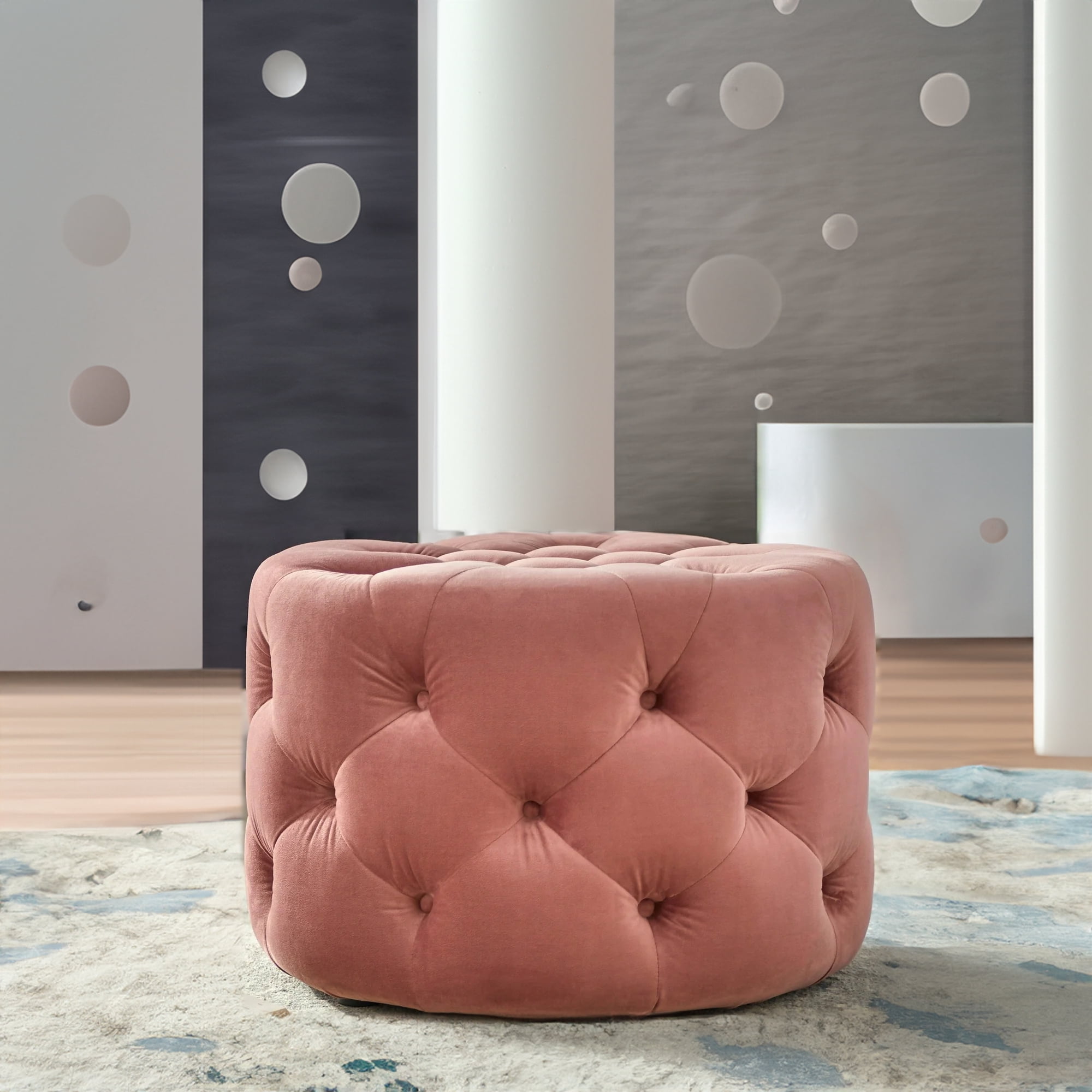 TMS Scopi Round Velvet Tufted Ottoman, Blush Pink