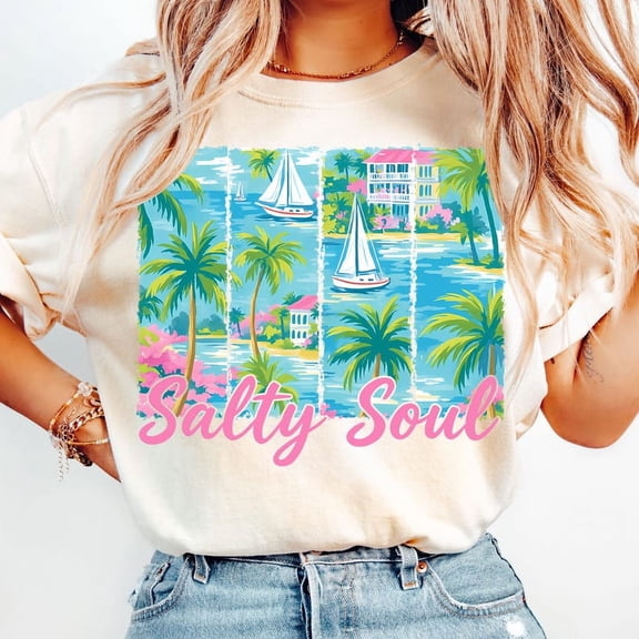 Preppy Summer Salty Soul T-Shirt, Pink Hot Beach Shirt, Beach Vibes Brushstroke Tee, Aesthetic Summer Shirt, Trendy Summer Tee, Funny Sarcastic Shirt