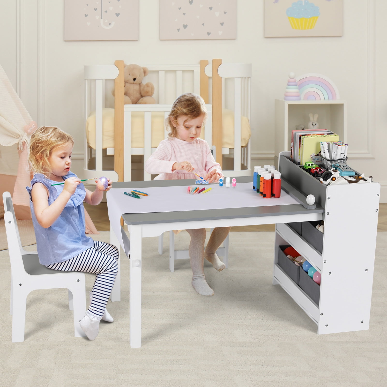 LAZY BUDDY Kids Art Table & Chairs Set, Wooden Toddler Activity Table Set with Storage Bins, Storage Shelves and Paper Roll for Playroom, Daycare