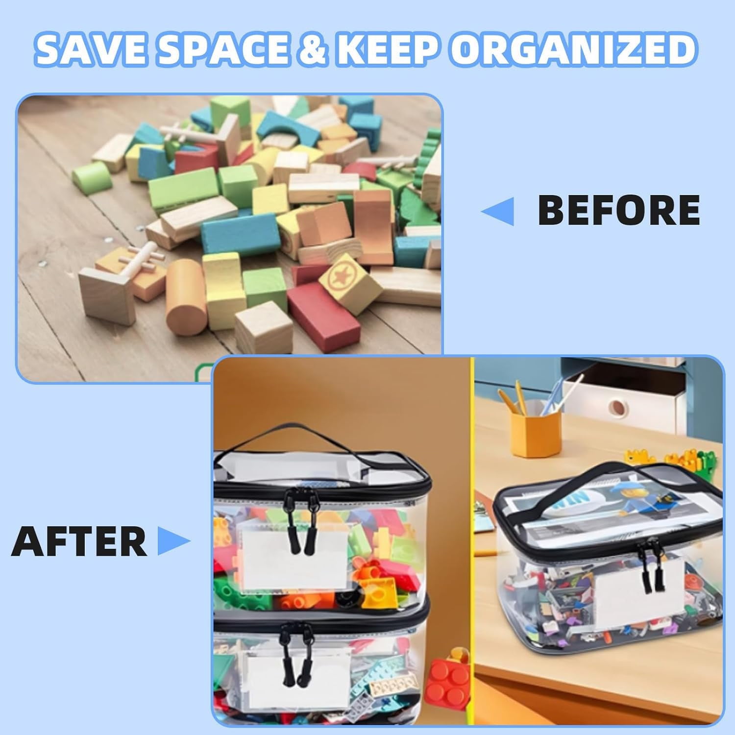 B-Qtech 8 Pack Clear PVC Toy Storage Bags - Waterproof Organizer with Name Tag & Manual Pocket for Legos, Beyblades, Puzzles, Building Blocks