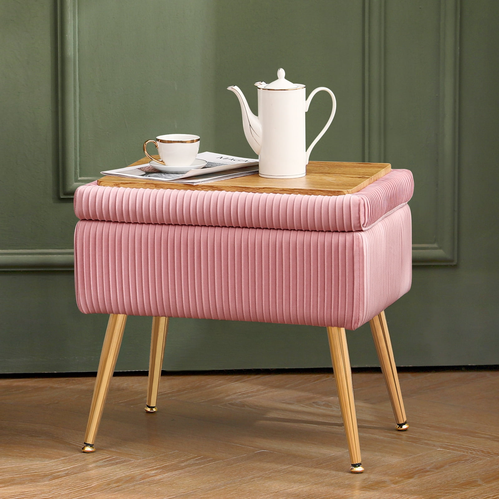 Velvet Rectangle Storage Ottoman Upholstered Vanity Stool Modern Footrest Stool，Pink