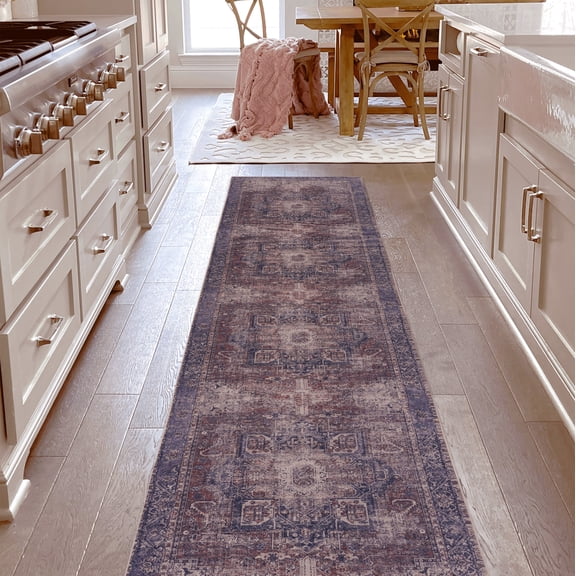 2'6''x10' Burgundy Washable Runner Rug,Vintage Kitchen Hallway Bohemian Carpet