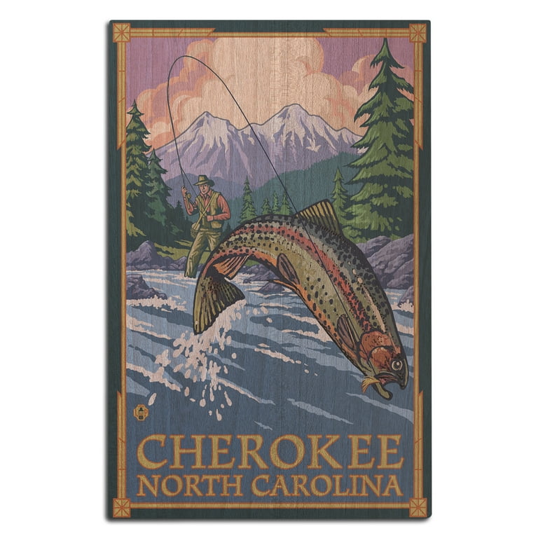 Cherokee, North Carolina, Angler Fly Fishing Scene (Leaping Trout) Birch  Wood Wall Sign (12x18 Rustic Home Decor, Ready to Hang Art) 