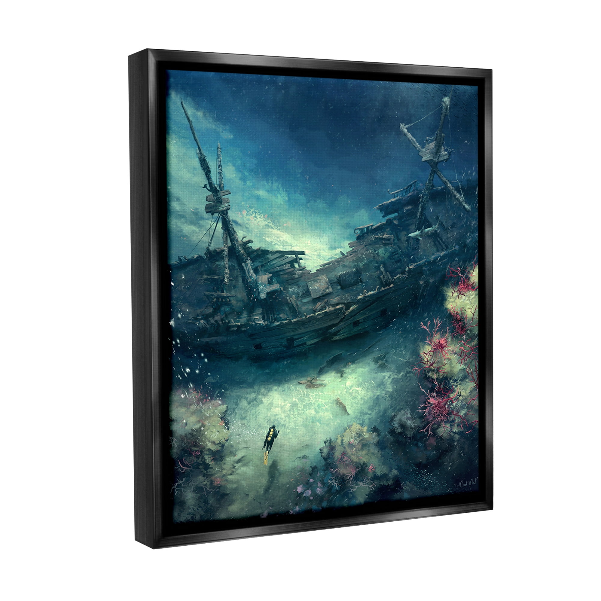 Stupell Industries Deep Sea Shipwreck Transportation Painting Black Floater Framed Canvas Art Print Wall Art, 25 x 31