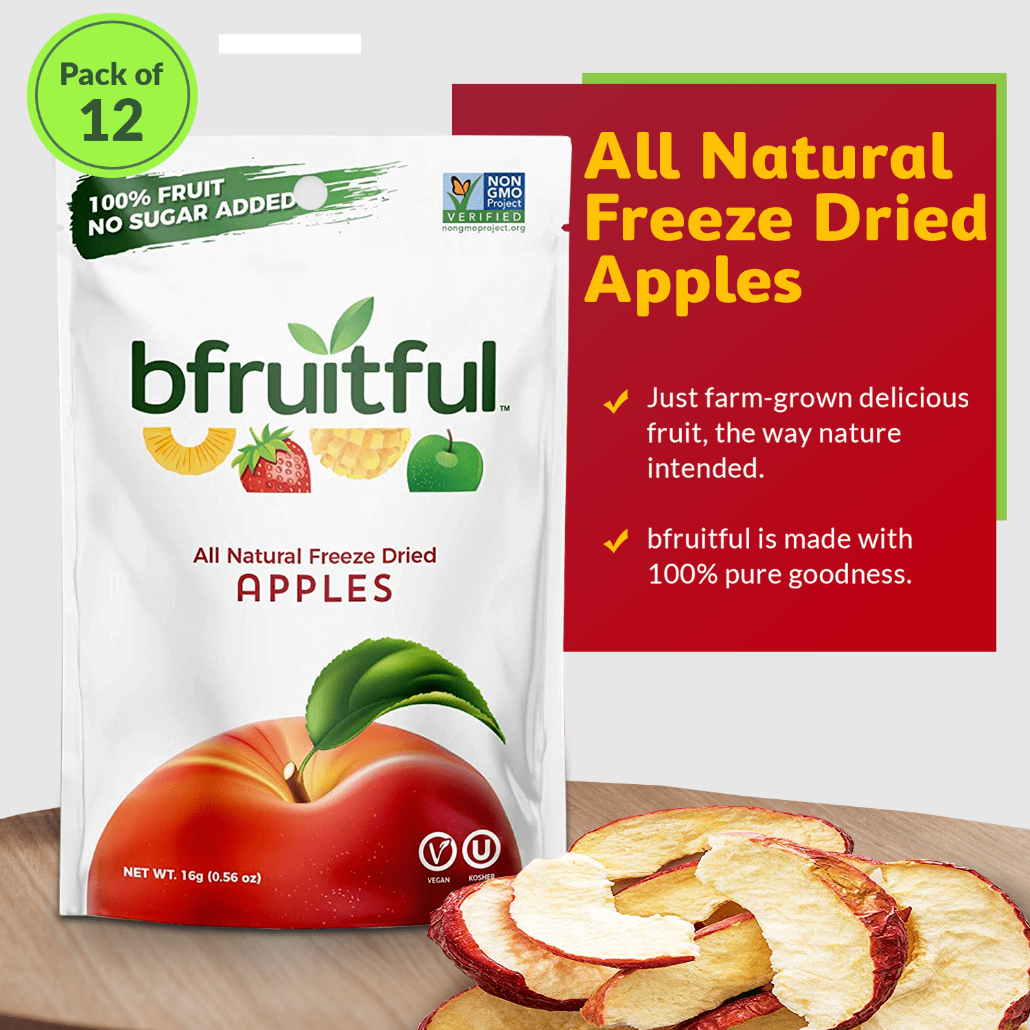 bfruitful Freeze-Dried Fruit Apples, Gluten Free, 12- 0.56 oz Bags