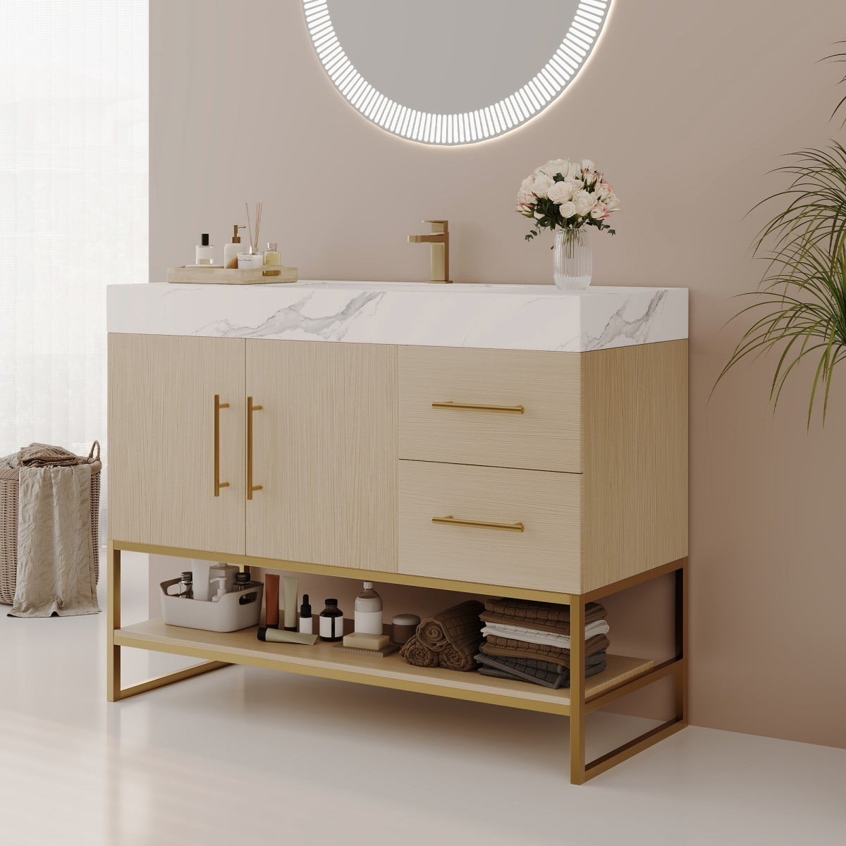 36" Bathroom Vanity with Sink, Freestanding Bathroom Vanity Cabinet with Sintered Stone Top, Seamless Ceramic Basin, Gold Stainless Steel Legs, Storage Drawers & Open Shelf, White &Wood