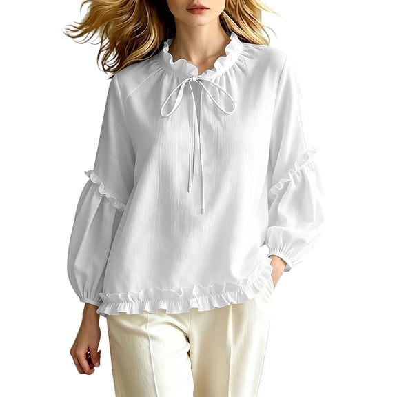 Lenpel Womens Fall Tops Casual Crew Neck Balloon Long Sleeve Blouses Oversized Fashion Ruffle Trim Tie Front Shirts