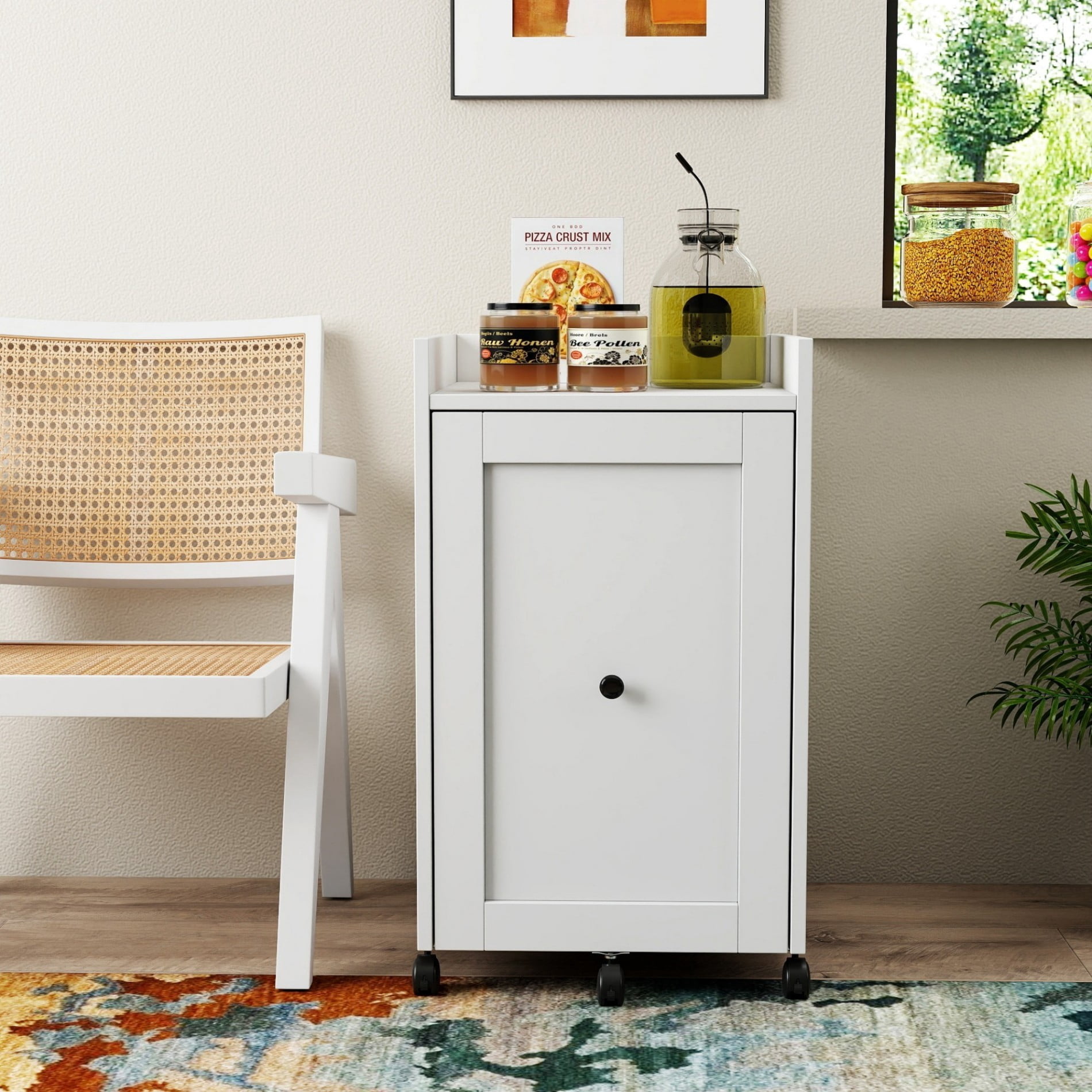 Sliding Snack Organizer for Pantry, 3 Tier Pull-Out Snack Cabinet with Wheels, Multi-Layer Soda Can Storage Rack, Mobile Pantry Organizer for Kitchen, Office, Small Spaces, White