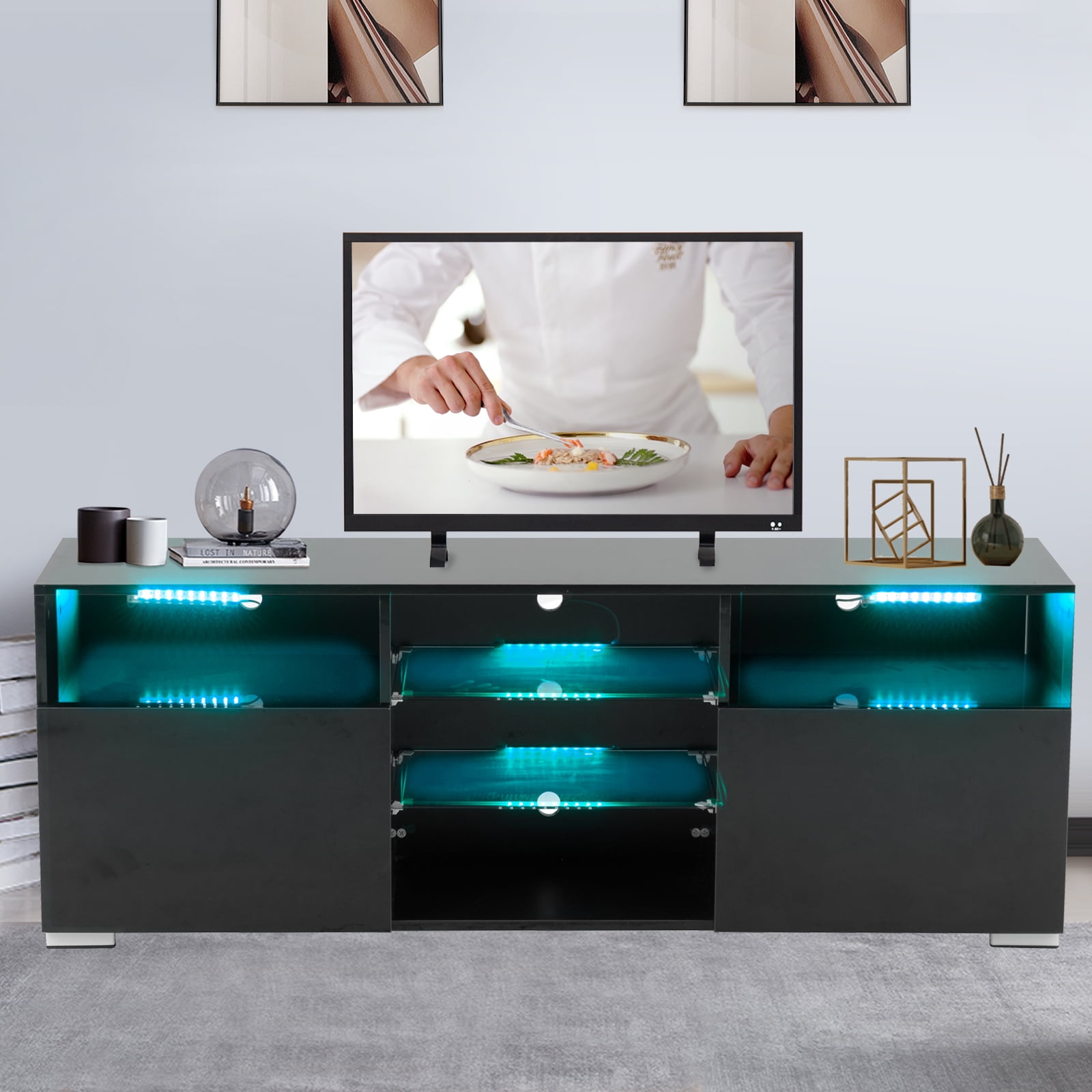 High Gloss TV Stand  with LED  Lights White TV Stand  for 58 