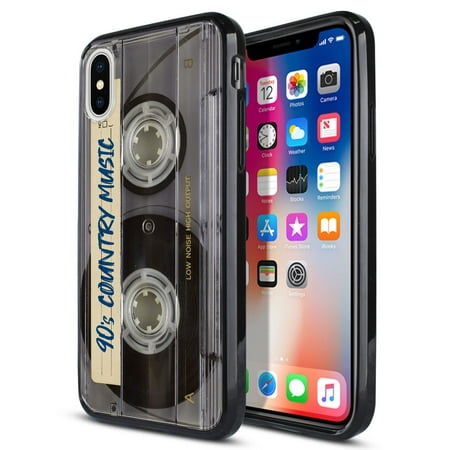 FINCIBO Slim TPU Bumper + Clear Hard Back Cover for Apple iPhone X, Retro Clear Cassette Tape Country (Best Music Format For Iphone)