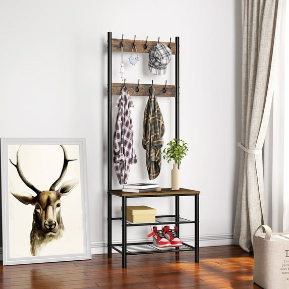 HOMEFORT 68" Industrial Coat Rack Shoe Bench, Entryway Hall Trees Storage Shelf with 2 Mesh Shelves, 3 in 1 Design, Brown and Gray