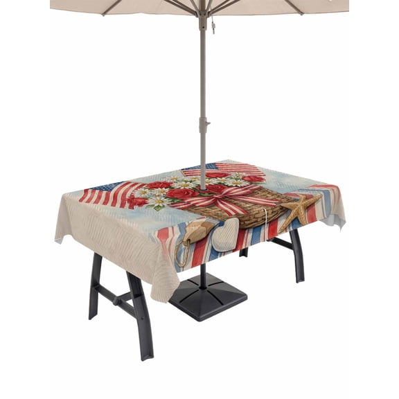 Outdoor Tablecloth with Umbrella Hole for Patio/Picnic/Party/Camping, Independence Day Waterproof Table Cloth Rectangle Table Cover Washable, Vintage Floral 250th American Flag (52"x 70")