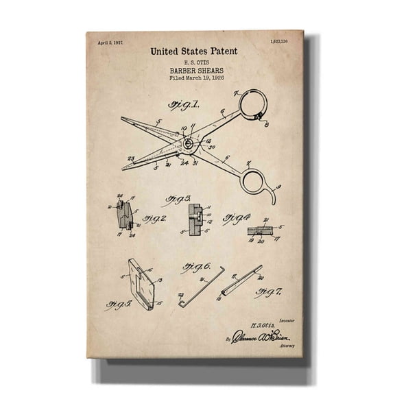 Epic Graffiti "Barber Shears Blueprint Patent Parchment" Giclee Canvas Wall Art, 12"x18"