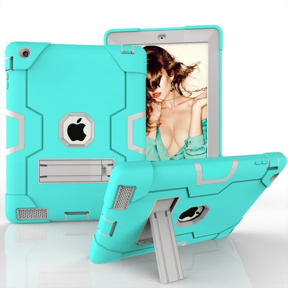iPad 2 Case,iPad 3 Case,iPad 4 Case, Allytech Three Layer Shockproof Armor Defender Protective Case Cover with Kickstand for iPad 2nd Gen / iPad 3rd Gen / iPad 4th Generation (Aqua/Gray)