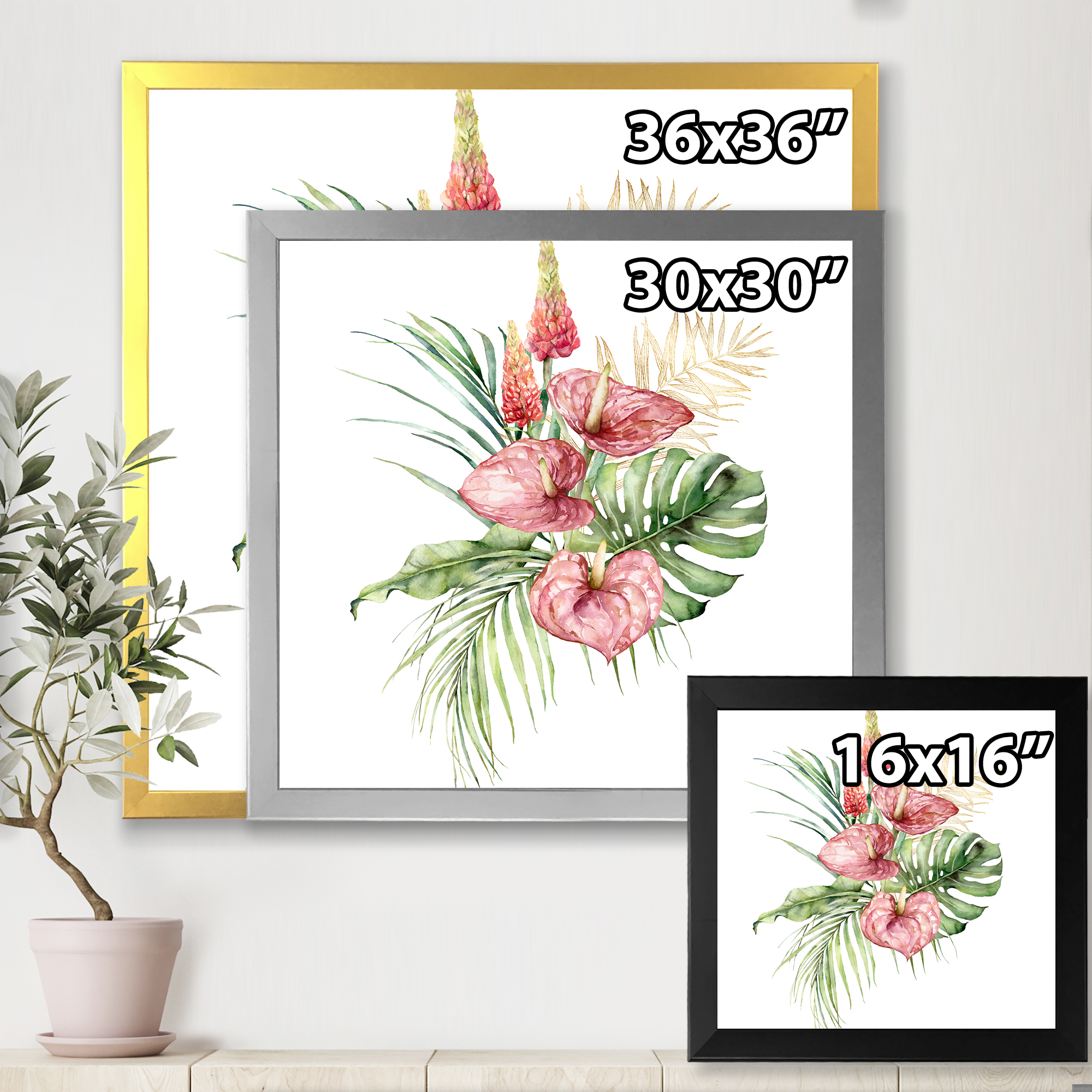 Designart 'Tropical Bouquet With Anthurium Lupine and Leaves On White I' Traditional Framed Art Print