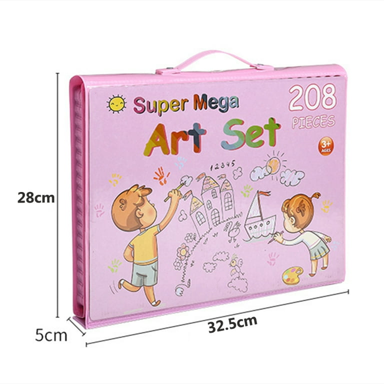 208pcs Kids Drawing Set Water-Based Drawing Set Colored Pencils Oil Pastels  Watercolor Paints Portable Art Box For Children Gift school gift -pink