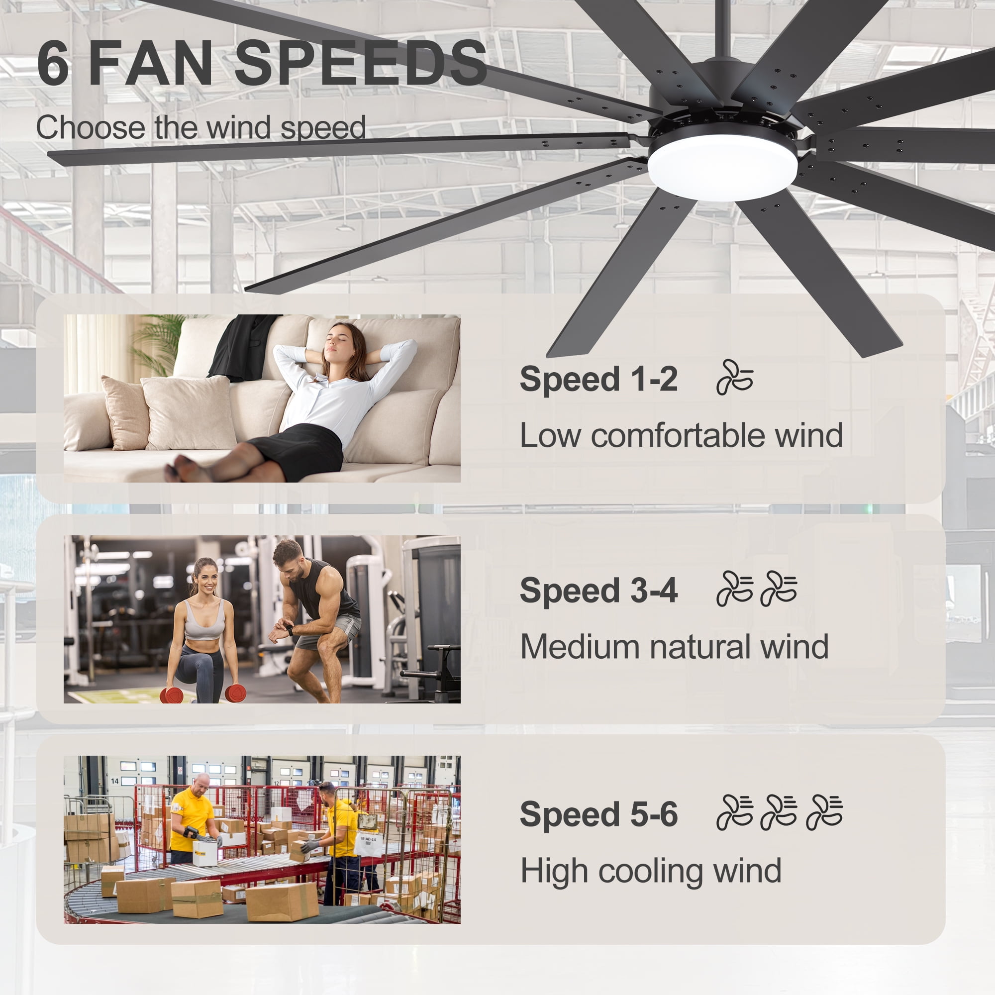 ALKAFY 84 inch Black Ceiling Fan with LED Light - 10 Plywood Blades, 6 Speeds, 3 Color Temps, Bedroom/Living/Kitchen/Dining