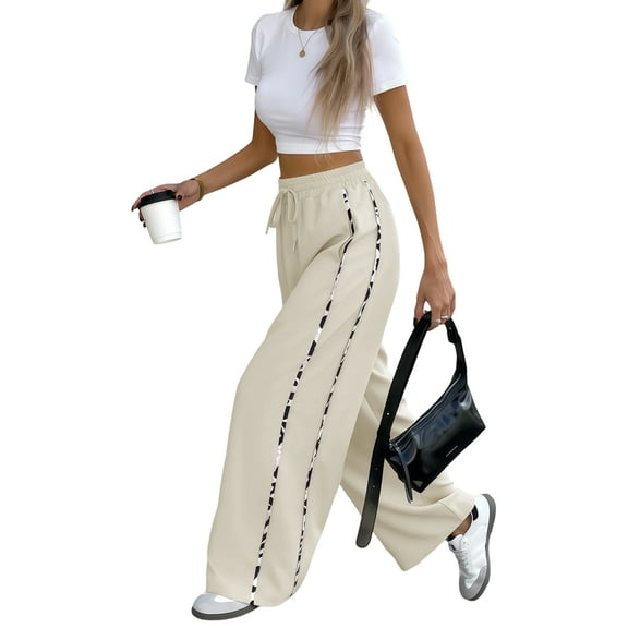 Womens Wide Leg Sweatpants High Waisted Baggy Sweat Pants Active Striped Track Pants with Pockets Cream White L