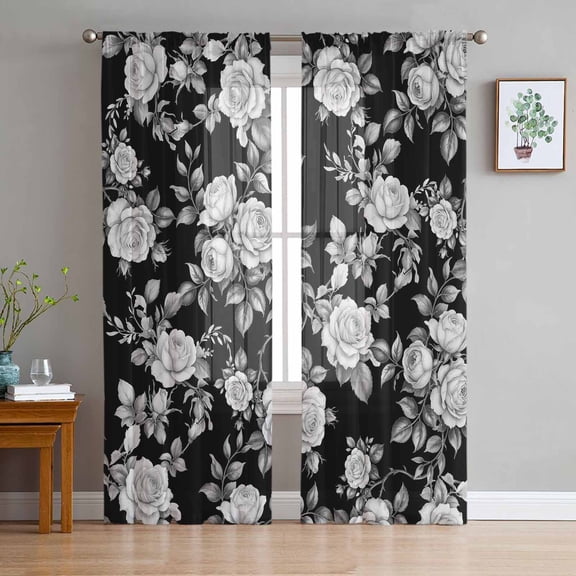 Black Rose Sheer Curtains 96 Inches Long 2 Panels Set, Window Sheer Curtains for Living Room/Bedroom, Vintage Pastoral Botanical Floral Leaves Vines Light Filtering Rod Pocket Curtain 52'' x 96'' x 2