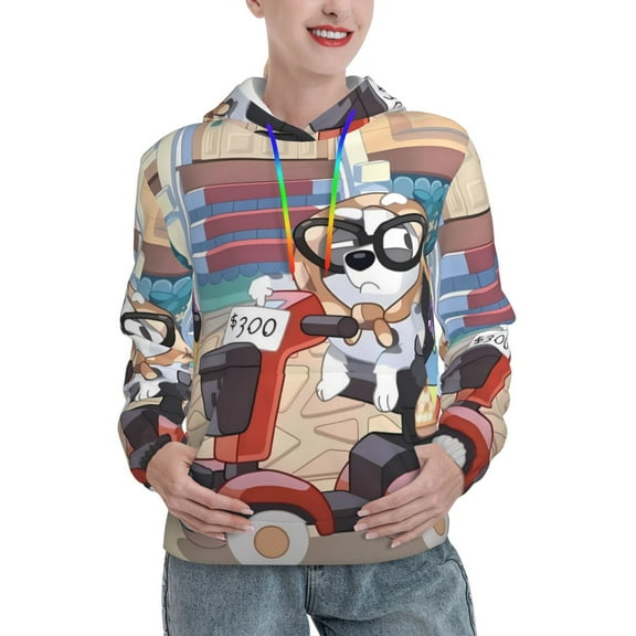 Zofaai Bluey Pattern Women's Hooded Sweatshirt, High Elastic Drawstring Hooded Sports Pullover Long Sleeve, Adult Winter Clothing-Small