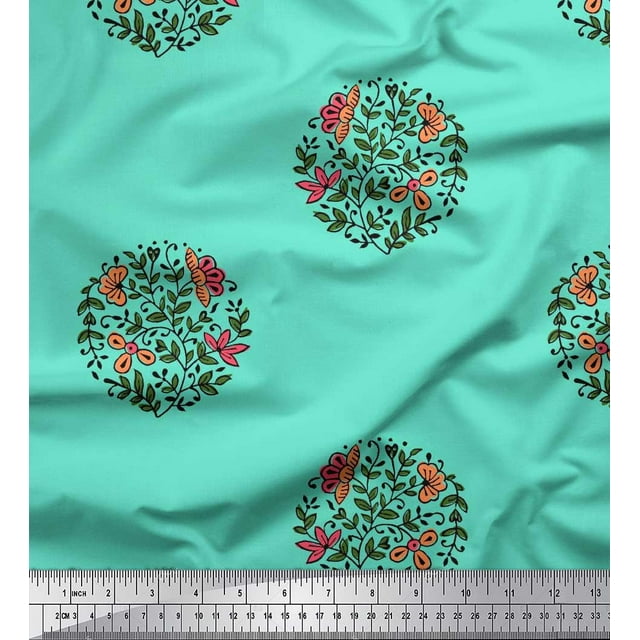 Soimoi Moss Georgette Fabric Leaves & Floral Block Printed Craft Fabric by The Yard 42 Inch Wide